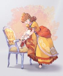 Rule 34 | 1girl, alternate footwear, bloomers, blue eyes, breasts, brown hair, chair, commentary, converse, crown, dress, earrings, english commentary, flipped hair, full body, high tops, highres, jewelry, lace, lace-trimmed dress, lace trim, leg up, licking lips, long dress, looking down, mario (series), medium breasts, medium hair, nachoz (nachozart), nintendo, princess daisy, print dress, puffy short sleeves, puffy sleeves, red footwear, shoes, short sleeves, sneakers, solo, super mario land, tongue, tongue out, tying footwear, underwear, yellow dress