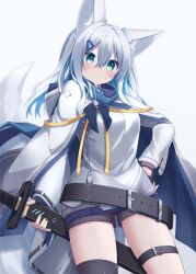 Rule 34 | 1girl, animal ear fluff, animal ears, belt, black gloves, black shorts, black thighhighs, blue background, blue hair, breasts, cloak, commentary request, fingerless gloves, fox ears, fox girl, fox tail, gloves, green eyes, grey hair, hair between eyes, hair ornament, hairclip, hand on own hip, holding, holding sword, holding weapon, jacket, long hair, long sleeves, looking at viewer, medium breasts, multicolored hair, original, shirogane kasane, short shorts, shorts, simple background, single thighhigh, solo, surume aburi, sword, tail, thigh belt, thigh strap, thighhighs, two-tone hair, weapon, white cloak, white jacket