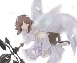 Rule 34 | 1girl, angel wings, animal ears, aquaplus, blush, breasts, brown hair, cleavage, curly hair, feathered wings, feathers, flying, from side, fumirul, gradient eyes, hair ornament, highres, holding, holding staff, holding weapon, large breasts, large wings, looking at viewer, medium hair, multicolored eyes, musyokusunege, parted lips, raised eyebrows, sandals, sideboob, smile, solo, staff, staff (weapon), tail, utawarerumono, utawarerumono: futari no hakuoro, utawarerumono: lost flag, weapon, wings, yellow eyes