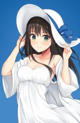 Rule 34 | 1girl, bare shoulders, blue background, blush, bow, breasts, brown hair, cleavage, collarbone, dress, green eyes, hands on headwear, hat, hat bow, highres, hiiragi hazime, idolmaster, idolmaster cinderella girls, long hair, long sleeves, looking at viewer, medium breasts, shibuya rin, simple background, smile, solo, sun hat, sundress, white dress, white hat, wind