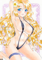 Rule 34 | 1girl, arm up, armpits, blonde hair, blue eyes, breasts, covered erect nipples, flower, hair flower, hair ornament, jewelry, large breasts, long hair, looking at viewer, marker (medium), necklace, original, ruuna (ruunayh), slingshot swimsuit, smile, solo, swimsuit, traditional media, twitter username, very long hair