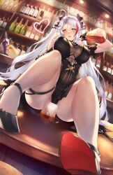 Rule 34 | 1girl, alcohol, azur lane, bar (place), black dress, blush, bottle, covering privates, covering crotch, cup, dress, drinking glass, dutch angle, evening gown, gainoob, high heels, highres, looking at viewer, manjuu (azur lane), multicolored hair, official alternate costume, prinz eugen (azur lane), prinz eugen (cordial cornflower) (azur lane), revealing clothes, sitting, sitting on bar, strappy heels, streaked hair, thigh strap