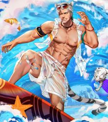 Rule 34 | 1boy, abs, animal, animal ears, anjingkuxiao, armband, ball, beachball, bracelet, clownfish, facial hair, facial scar, fish, from below, grey hair, jewelry, large pectorals, male focus, male swimwear, muscular, muscular male, navel, nipples, one eye closed, original, pectorals, scar, scar on cheek, scar on face, see-through, see-through male swimwear, see-through swimsuit, short hair, smile, snapper (fish), starfish, surfboard, surfing, swim trunks, swimsuit, tail, teeth, tiger, tiger boy, tiger ears, tiger tail, vest, water, waves, wet, wet clothes, wet male swimwear, wet swimsuit, white male swimwear, white swim trunks, white vest