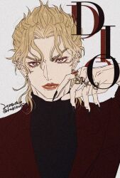 Rule 34 | 1boy, black nails, black shirt, blonde hair, character name, dio brando, ear piercing, earrings, eyeshadow, fingernails, formal, gold earrings, hagiko15, highres, jewelry, jojo no kimyou na bouken, looking at viewer, makeup, male focus, nail polish, piercing, red eyes, red eyeshadow, red suit, ring, sharp fingernails, shirt, short hair, signature, simple background, solo, stardust crusaders, suit, upper body, white background
