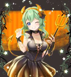 Rule 34 | 1girl, black bow, black choker, black dress, blue eyes, bow, breasts, character request, choker, cleavage, collarbone, commission, copyright request, cross-laced clothes, cross-laced dress, demon tail, dress, fake horns, green hair, hair bow, halloween, highres, holding, holding pitchfork, horns, long hair, one eye closed, orange bow, orange horns, orange nails, orange tail, pitchfork, puico, skeb commission, sleeveless, sleeveless dress, smile, solo, star (symbol), striped bow, tail, two-tone bow