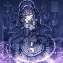 Rule 34 | 1girl, black bow, black dress, black hair, bow, dress, dress bow, flower, frills, frown, gloves, unworn gloves, gothic lolita, hand up, heart, heterochromia, highres, lolita fashion, long hair, long sleeves, looking at viewer, mogmogyasai, original, pale skin, purple eyes, solo, twintails, white eyes, white gloves