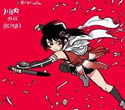 Rule 34 | 1girl, black gloves, black hair, black socks, bright pupils, closed mouth, debris, elbow gloves, fingerless gloves, gloves, grey footwear, hair ornament, holding, holding torpedo, kantai collection, rariatto (ganguri), red background, red eyes, red shirt, reverse grip, ringed eyes, scarf, sendai (kancolle), shirt, shoes, short hair, sleeveless, sleeveless shirt, socks, solo, standing, standing on one leg, torn clothes, torn scarf, torpedo, twitter username, white scarf