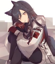 Rule 34 | 1girl, animal ears, arknights, bad id, bad pixiv id, black hair, black legwear, black shorts, food, food in mouth, fur-trimmed jacket, fur trim, gloves, head tilt, highres, jacket, long hair, looking at viewer, official alternate costume, pocky, red gloves, saibe, shorts, sitting, solo, tail, texas (arknights), texas (winter messenger) (arknights), white jacket, wolf ears, wolf girl, wolf tail