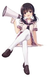 Rule 34 | 1girl, :d, arm support, black neckerchief, brown eyes, brown footwear, brown hair, commentary request, crossed legs, fang, hair ornament, hairclip, hand up, highres, holding, holding megaphone, invisible chair, loafers, megaphone, na-ga, neckerchief, open mouth, original, plaid, plaid sailor collar, plaid skirt, pleated skirt, sailor collar, school uniform, shoes, sidelocks, sitting, skin fang, skirt, smile, solo, thighhighs, twintails, white background, white thighhighs