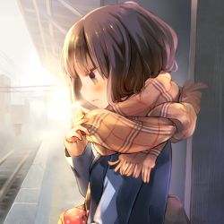 Rule 34 | 1girl, blue jacket, breath, brown hair, closed mouth, enpera, from side, jacket, kuga tsukasa, long sleeves, looking down, original, outdoors, railroad tracks, scarf, short hair, solo, sweater, train station, upper body, yellow scarf