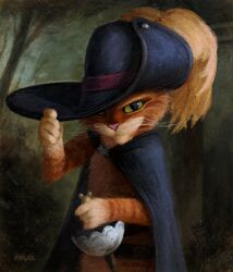Rule 34 | 1boy, animal nose, arm up, black cape, cape, cat boy, cavalier hat, closed mouth, feathers, furry, furry male, green eyes, hat, hat feather, highres, holding, holding sword, holding weapon, looking at viewer, male focus, orange cat, orange fur, puss in boots, puss in boots: the last wish, puss in boots (shrek), shuploc, solo, standing, sword, weapon, yellow feathers
