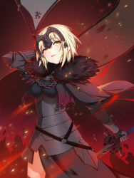 Rule 34 | 1girl, absurdres, armor, armored dress, banner, black cape, black dress, blonde hair, cape, cowboy shot, dress, fate/grand order, fate (series), fur trim, gauntlets, head tilt, highres, holding, holding sword, holding weapon, huge filesize, jeanne d&#039;arc (fate), jeanne d&#039;arc alter (avenger) (fate), jeanne d&#039;arc alter (avenger) (first ascension) (fate), jeanne d&#039;arc alter (fate), looking at viewer, qingchen (694757286), short hair, solo, standing, sword, weapon, yellow eyes