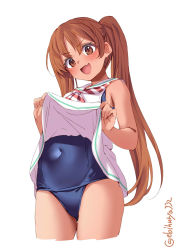 Rule 34 | 1girl, blue one-piece swimsuit, brown eyes, brown hair, clothes lift, cowboy shot, dark skin, dress, dress lift, ebifurya, fang, hair ribbon, highres, kantai collection, libeccio (kancolle), long hair, one-piece swimsuit, open mouth, ribbon, sailor dress, school swimsuit, simple background, smile, solo, swimsuit, swimsuit under clothes, tan, twintails, twitter username, white background, white dress