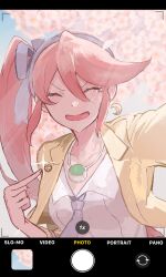 Rule 34 | 1girl, ace attorney, athena cykes, blue hairband, blue necktie, blue ribbon, blue sky, blush, cherry blossoms, closed eyes, collared shirt, crying, english text, gumi (gelatin), hair ribbon, hairband, happy tears, highres, jacket, jewelry, lapel pin, lapels, long hair, necklace, necktie, open mouth, orange hair, pointing, ribbon, selfie, shirt, side ponytail, sidelocks, sky, sleeves past elbows, solo, sparkle, swept bangs, tears, v-shaped eyebrows, very long hair, viewfinder, white shirt, yellow jacket