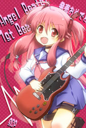 Rule 34 | 10s, 1girl, angel beats!, demon tail, fang, guitar, halftone, halftone background, instrument, long hair, pink eyes, pink hair, school uniform, scp (9scp), serafuku, tail, twintails, two side up, yui (angel beats!)