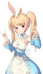 Rule 34 | 1girl, \m/, absurdres, animal ears, animal print, artist name, player character (mabinogi), bare shoulders, bird print, blonde hair, blue dress, blue ribbon, breasts, commentary, dress, frills, highres, long hair, looking at viewer, mabinogi, medium breasts, rabbit ears, red eyes, ribbon, saemoy, simple background, smile, solo, twintails, white background