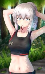 Rule 34 | 1girl, alternate hairstyle, arms up, black sports bra, blue eyes, blurry, blurry background, closed mouth, commentary, dappled sunlight, day, depth of field, emblem, girls und panzer, hair tie in mouth, hair up, highres, itsumi erika, kuromorimine (emblem), looking at viewer, medium hair, midriff, mouth hold, navel, outdoors, plant, ponytail, redbaron, silver hair, solo, sports bra, sportswear, standing, sunlight, tree, twitter username, tying hair