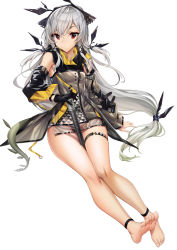 Rule 34 | 1girl, absurdres, ankle strap, arknights, arm support, bare legs, bare shoulders, barefoot, between legs, black gloves, breasts, detached sleeves, dress, feet, gloves, grey dress, hair ornament, hairband, highres, hood, hood down, long hair, long sleeves, looking at viewer, panties, panty peek, red eyes, see-through, short dress, silver hair, simple background, single glove, sitting, skindentation, small breasts, solo, thigh strap, thighs, toes, underwear, very long hair, weedy (arknights), white background, x hair ornament, xo (xo17800108)