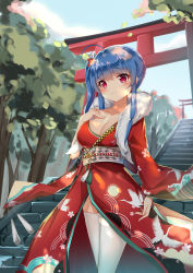 Rule 34 | 1girl, absurdres, ahoge, alternate costume, azur lane, bad id, bad pixiv id, blue hair, blush, breasts, catnnn, cleavage, collarbone, fur trim, hair ornament, hand on own chest, highres, japanese clothes, kimono, large breasts, long hair, looking at viewer, obi, purple eyes, red kimono, revision, sash, sidelocks, smile, st. louis (azur lane), st. louis (spirits in the snow) (azur lane), stairs, temple, thighhighs, tree, white thighhighs