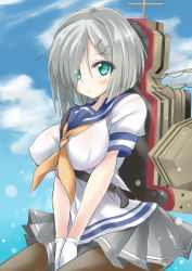Rule 34 | 10s, 1girl, black pantyhose, blue eyes, blush, breasts, gloves, hair ornament, hair over one eye, hamakaze (kancolle), highres, kantai collection, large breasts, looking at viewer, nekoyaso, pantyhose, personification, school uniform, serafuku, short hair, silver hair, solo, white gloves