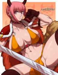 Rule 34 | 1girl, absurdres, alternate costume, arms behind back, artist name, bare legs, bare shoulders, beast pirates, beast pirates uniform, bra, braid, breasts, chain, chain necklace, cleavage, convenient censoring, curvy, gloves, highres, holding, holding sword, holding weapon, jewelry, kameseru, large breasts, legs up, long hair, looking at viewer, navel, necklace, one piece, pelvic curtain, pink hair, rebecca (one piece), revealing clothes, shiny skin, shoulder pads, simple background, single braid, solo, spread legs, standing, sweat, sword, underwear, uniform, very long hair, weapon, wide hips