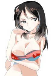 Rule 34 | 10s, 1girl, adjusting hair, bikini, black hair, blue eyes, breast hold, breasts, cleavage, collarbone, girls und panzer, large breasts, long hair, looking at viewer, multicolored bikini, multicolored clothes, navel, nonna (girls und panzer), simple background, solo, standing, sunameri oishii, swept bangs, swimsuit, upper body, white background