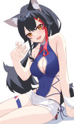 Rule 34 | 1girl, :d, animal ear fluff, animal ears, bad id, bad twitter id, bare arms, bare shoulders, black hair, blue leotard, breasts, cleavage, cleavage cutout, clothing cutout, covered navel, hair ornament, highres, hololive, leotard, long hair, looking at viewer, medium breasts, multicolored hair, nishino eri, ookami mio, open mouth, orange eyes, short shorts, shorts, sideless outfit, simple background, sitting, smile, solo, streaked hair, tail, thigh strap, thighs, virtual youtuber, white background, white shorts, wolf ears, wolf girl, wolf tail