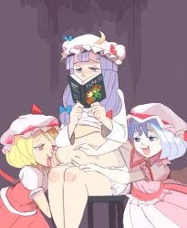 Rule 34 | 3girls, blonde hair, blue bow, blue hair, book, bow, crescent, crescent hair ornament, dress, fang, feet out of frame, female focus, flandre scarlet, hair bow, hair ornament, halo (game), hand on another&#039;s stomach, hand to own mouth, hat, holding, holding book, long hair, master chief, mob cap, multiple girls, navel, open mouth, patchouli knowledge, puffy short sleeves, puffy sleeves, red dress, red eyes, remilia scarlet, short hair, short sleeves, sitting, sooperman, squishing, stomach, thighs, touhou