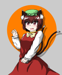 Rule 34 | 1girl, 2412597780mxy, animal ear fluff, animal ears, bow, bowtie, breasts, brown hair, cat ears, cat tail, chen, commentary, cowboy shot, drop shadow, english commentary, eyebrows hidden by hair, fang, green hat, grey background, hair between eyes, hand up, hat, light blush, long sleeves, looking at viewer, medium breasts, mob cap, multiple tails, nekomata, open mouth, orange background, puffy long sleeves, puffy sleeves, red shirt, red skirt, shirt, short hair, simple background, skirt, skirt set, sleeves past wrists, solo, tail, touhou, two tails, white bow, white bowtie