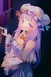 Rule 34 | 1girl, blue bow, book, bow, breasts, capelet, choker, cleavage, comkdom, crescent, dress, expressionless, frilled capelet, frilled choker, frilled sleeves, frills, hair bow, hand up, hat, highres, light blush, long hair, long sleeves, looking at viewer, medium breasts, mob cap, patchouli knowledge, pulling, purple dress, purple eyes, purple hair, purple hat, red bow, sidelocks, solo, striped clothes, striped dress, touhou, upper body, white choker, wide sleeves