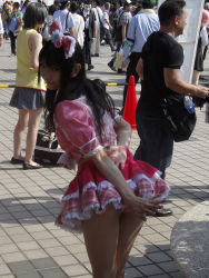 Rule 34 | absurdres, asian, ass, bow, comiket, comiket82, cosplay, hair bow, hair ornament, highres, lenfried, long hair, looking back, midriff, outdoors, panties, pantyshot, photo (medium), public indecency, rbow, skirt, striped clothes, striped panties, underwear