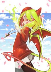Rule 34 | 1girl, beret, black pantyhose, blue sky, border, cloud, colored skin, cross, cross necklace, demon tail, demon wings, falling petals, fang, fire, funamusea, glasses, green hair, green wings, haiiro teien, hat, highres, horns, jewelry, looking at viewer, melonenbrot, necklace, open mouth, orange eyes, pantyhose, petals, pink petals, red-framed eyewear, red horns, red sweater, semi-rimless eyewear, single horn, skin fang, sky, smile, solo, sweater, tail, white border, white skin, wings, yosafire (funamusea)