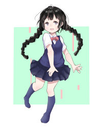 Rule 34 | 1girl, :d, black hair, blue skirt, blue socks, blush, bow, braid, commentary request, highres, kneehighs, long hair, looking at viewer, low twintails, nijisanji, no shoes, open mouth, pink bow, pleated skirt, purple eyes, round teeth, shiro hakuchou, shirt, short sleeves, sketch, skirt, smile, socks, solo, sweater vest, teeth, tsukino mito, tsukino mito (3rd costume), twin braids, twintails, upper teeth only, very long hair, virtual youtuber, white shirt