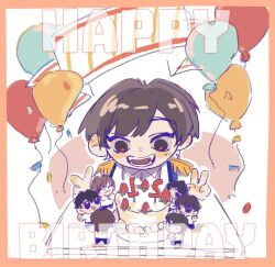 Rule 34 | 6+boys, baichuan qitai, balloon, birthday, birthday cake, black coat, black eyes, black footwear, black hair, black pants, blush stickers, border, brown eyes, brown hair, cake, character request, chibi, coat, collared shirt, confetti, copyright request, double v, english text, epaulettes, eyelashes, food, fruit, hands on table, happy birthday, looking at food, mini person, miniboy, mole, mole under eye, multiple boys, open clothes, open coat, open mouth, orange border, outline, pants, real life, red pupils, shirt, shoes, short hair, simple background, smile, strawberry, table, teeth, v, white background, white outline, white shirt