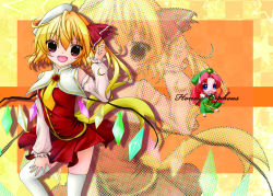 Rule 34 | 2girls, :d, alternate costume, beret, blonde hair, blue eyes, braid, breasts, buttons, capelet, chibi, commentary request, crystal, detached sleeves, dress, fang, feet out of frame, flandre scarlet, full body, green headwear, green skirt, green vest, hair between eyes, hair ribbon, hat, hat ornament, hong meiling, long hair, looking at viewer, medium breasts, multiple girls, necktie, one side up, open mouth, red dress, red eyes, red hair, red ribbon, ribbon, side braid, skirt, small breasts, smile, star (symbol), star hat ornament, strapless, strapless dress, sweatdrop, takarai mitsu, thighhighs, touhou, twin braids, vest, white capelet, white legwear, white sleeves, wings, yellow necktie