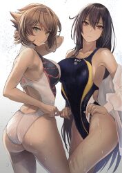 Rule 34 | 2girls, ass, black hair, black one-piece swimsuit, breasts, brown hair, competition swimsuit, covered navel, cowboy shot, green eyes, highleg, highleg swimsuit, highres, kantai collection, kasumi (skchkko), large breasts, legs, long hair, looking at viewer, multicolored clothes, multicolored swimsuit, multiple girls, mutsu (kancolle), nagato (kancolle), one-piece swimsuit, red eyes, short hair, swimsuit, wedgie, wet, wet clothes, wet swimsuit, white background, white one-piece swimsuit