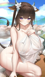 Rule 34 | 1girl, animal ears, azur lane, blue sky, blurry, blurry background, blush, breasts, brown hair, cloud, covering privates, cow ears, cow girl, cow horns, cow tail, day, fouriasensei, hand on breast, hand on own chest, highres, horns, huge breasts, kashino (azur lane), kashino (hot springs relaxation) (azur lane), long hair, nude, nude cover, official alternate costume, onsen, open mouth, outdoors, purple eyes, rainbow, skindentation, sky, solo, squatting, straight hair, swimsuit, tail, towel, untied, very long hair, wet