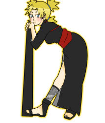 Rule 34 | 1girl, bent over, blonde hair, blue eyes, blush, female focus, folding fan, full body, gradient background, hand fan, japanese clothes, naruto, naruto (series), quad tails, solo, standing, tatsu3329, temari (naruto), white background