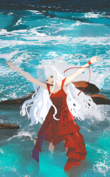 Rule 34 | 1girl, absurdres, colored skin, dress, highres, jewelry, long hair, ocean, open mouth, original, outdoors, parai0, red dress, ring, rock, skinny, smile, soaking feet, solo, very long hair, water, waves, white hair, white skin