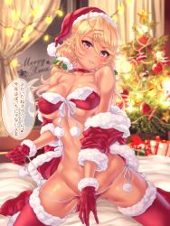 Rule 34 | 1girl, absurdres, amaryllis gumi, beads, bell, bikini, blonde hair, blurry, blush, box, breasts, candy, candy cane, choker, christmas, christmas lights, christmas ornaments, christmas tree, cleavage, commentary request, covering privates, covering crotch, curtains, dark-skinned female, dark skin, depth of field, fang, food, fur-trimmed gloves, fur-trimmed legwear, fur trim, gift, gift box, gloves, groin, hair bell, hair ornament, hairclip, hat, highres, looking at viewer, low twintails, merry christmas, navel, ouga saki, parted lips, pom pom (clothes), red bikini, red choker, red eyes, red gloves, red legwear, santa bikini, santa costume, santa hat, shashaki, smile, solo, star (symbol), star choker, star hair ornament, swimsuit, translated, twintails, uber, underboob, untied bikini, virtual youtuber