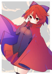Rule 34 | 1girl, absurdres, black thighhighs, border, bow, cape, cowboy shot, grey background, hair bow, hand up, high collar, highres, long sleeves, looking at viewer, miniskirt, necono (nyu6poko), outside border, pleated skirt, red cape, red eyes, red hair, red skirt, sekibanki, short hair, simple background, skirt, solo, thighhighs, touhou, zettai ryouiki