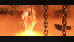 Rule 34 | 1girl, burning, chain, cyngapra, embers, fire, highres, hololive, kiryu coco, letterboxed, middle finger, lava, parody, solo, terminator (series), terminator 2: judgment day, virtual youtuber