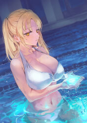 Rule 34 | 1girl, bikini, blonde hair, breasts, cleavage, collarbone, commentary, dutch angle, highres, large breasts, looking at viewer, navel, nijisanji, otsudou, partially submerged, pool, refraction, sister claire, solo, stomach, swimsuit, virtual youtuber, water drop, white bikini, yellow eyes