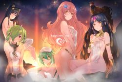 Rule 34 | 2017, 4girls, animal ears, ass, bandages, bare shoulders, bird, black hair, breasts, character request, chicken, covering privates, covering breasts, falkyrie no monshou, green eyes, green hair, hair ornament, hair over one eye, highres, horns, kagetomo midori, medium breasts, multiple girls, new year, night, night sky, onsen, pink hair, pointy ears, red eyes, rooster, single horn, sitting, sky, small breasts, towel, towel on head, yellow eyes