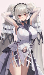 Rule 34 | 1girl, absurdres, arms behind head, arms up, azur lane, black choker, black neckwear, black ribbon, black sailor collar, breasts, choker, clothing cutout, commentary, dress, formidable (azur lane), formidable (timeless classics) (azur lane), hair between eyes, hair ribbon, hairband, highres, large breasts, long hair, looking at viewer, navel, navel cutout, official alternate costume, onedoo, open mouth, red eyes, ribbon, sailor collar, silver hair, solo, standing, twintails, veil, very long hair, white dress