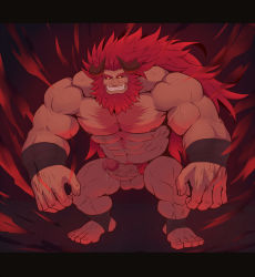 Rule 34 | 1boy, abs, aura, bara, beard, black sclera, chest hair, colored sclera, completely nude, curled horns, demon boy, erection, facial hair, fangs, full body, glowing, glowing eyes, grin, highres, horns, kagemaru (kagemaru321), large pectorals, leg hair, long hair, looking at viewer, male focus, male pubic hair, mature male, muscular, muscular male, navel, navel hair, nipples, nude, original, pectorals, penis, precum, pubic hair, red hair, smile, solo, squatting, stomach, thick eyebrows, thighs, uncensored, veins, yellow eyes