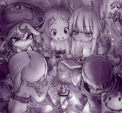 Rule 34 | 10s, 1boy, :3, animal ears, blush stickers, book, furry, gloves, hat, highres, long hair, made in abyss, maruruk, mitty (made in abyss), mitty (made in abyss) (human), monochrome, multiple girls, nanachi (made in abyss), ponytail, prushka, regu (made in abyss), riko (made in abyss), short hair, smile, tail, trap, whiskers, yakibuta (shimapow)