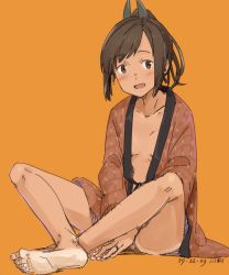 Rule 34 | 1girl, barefoot, blush, breasts, brown eyes, brown hair, crossed legs, dated, full body, hair ornament, hairclip, hanten (clothes), i-401 (kancolle), japanese clothes, jewelry, kantai collection, kawashina (momen silicon), long sleeves, open clothes, open mouth, orange background, ponytail, ring, signature, simple background, sitting, small breasts, solo