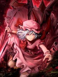 Rule 34 | 1girl, absurdres, arms up, ascot, aura, bat (animal), bat wings, blue hair, breasts, commentary, cowboy shot, ekisutora, flying, full moon, hat, hat ribbon, highres, holding, holding polearm, holding spear, holding weapon, huge filesize, looking at viewer, mob cap, moon, night, outdoors, outstretched arms, pink hat, pink shirt, pink skirt, pointing, polearm, puffy short sleeves, puffy sleeves, red ascot, red eyes, red moon, remilia scarlet, reverse grip, ribbon, scarlet devil mansion, shirt, short hair, short sleeves, skirt, small breasts, smile, solo, spear, spear the gungnir, spread arms, touhou, weapon, wings, wrist cuffs