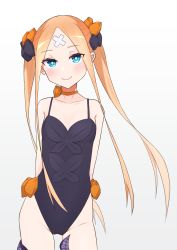 Rule 34 | 1girl, abigail williams (fate), abigail williams (welcome to the travelling circus!) (fate), absurdres, arms behind back, bandages, blonde hair, blue eyes, blush, bow, bowtie, fate/grand order, fate (series), groin, hair bow, highres, kopaka (karda nui), long hair, looking at viewer, official alternate costume, one-piece swimsuit, parted bangs, purple one-piece swimsuit, simple background, smile, solo, swimsuit, tentacles, twintails, very long hair, welcome to the travelling circus!, white background